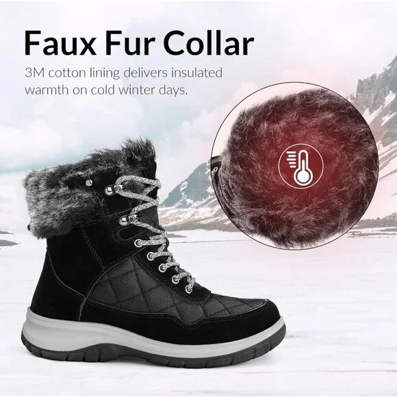 Women's Black Waterproof Insulated Snow Boots Lace-Up Winter Booties - Picture 4 of 5